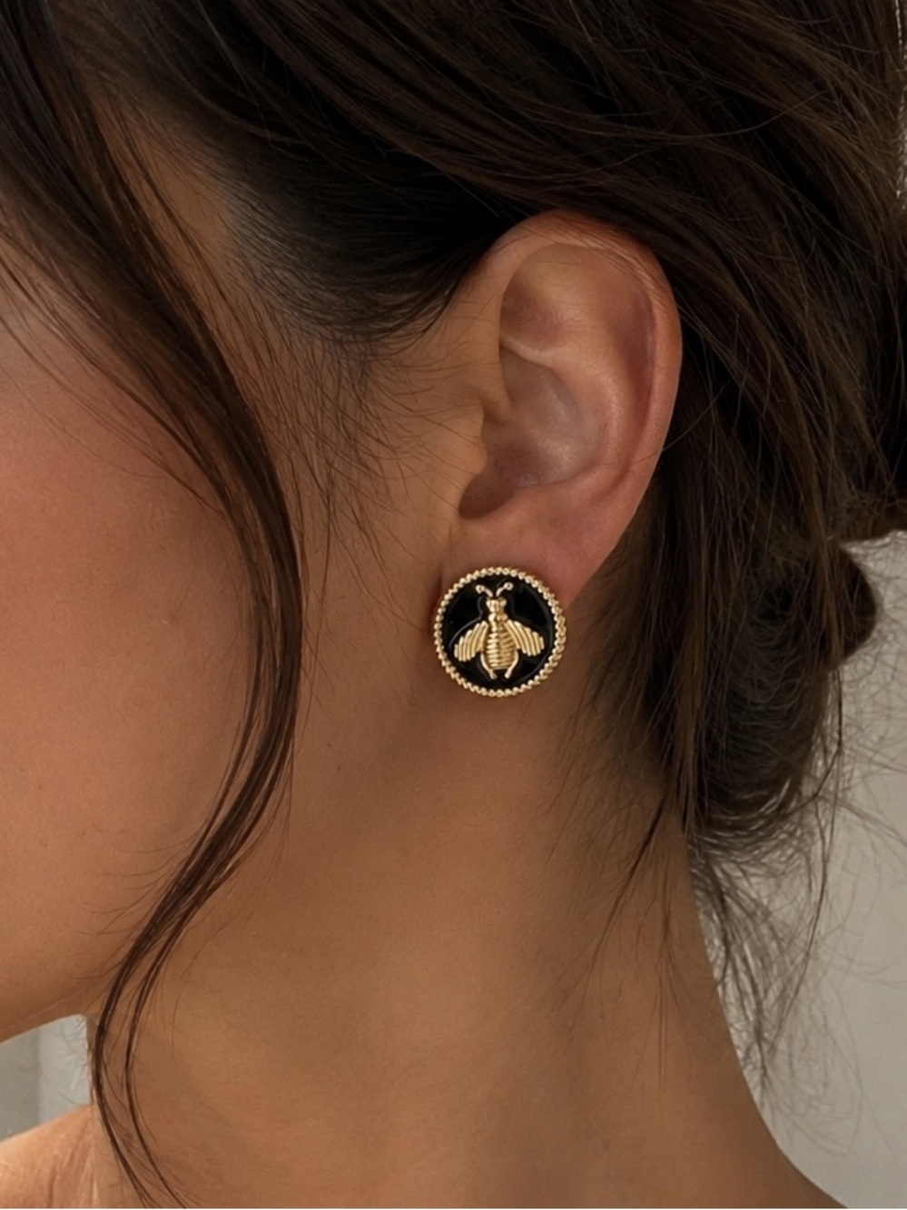 18K Gold Plated Black Enamel Button Bee Stud Earrings